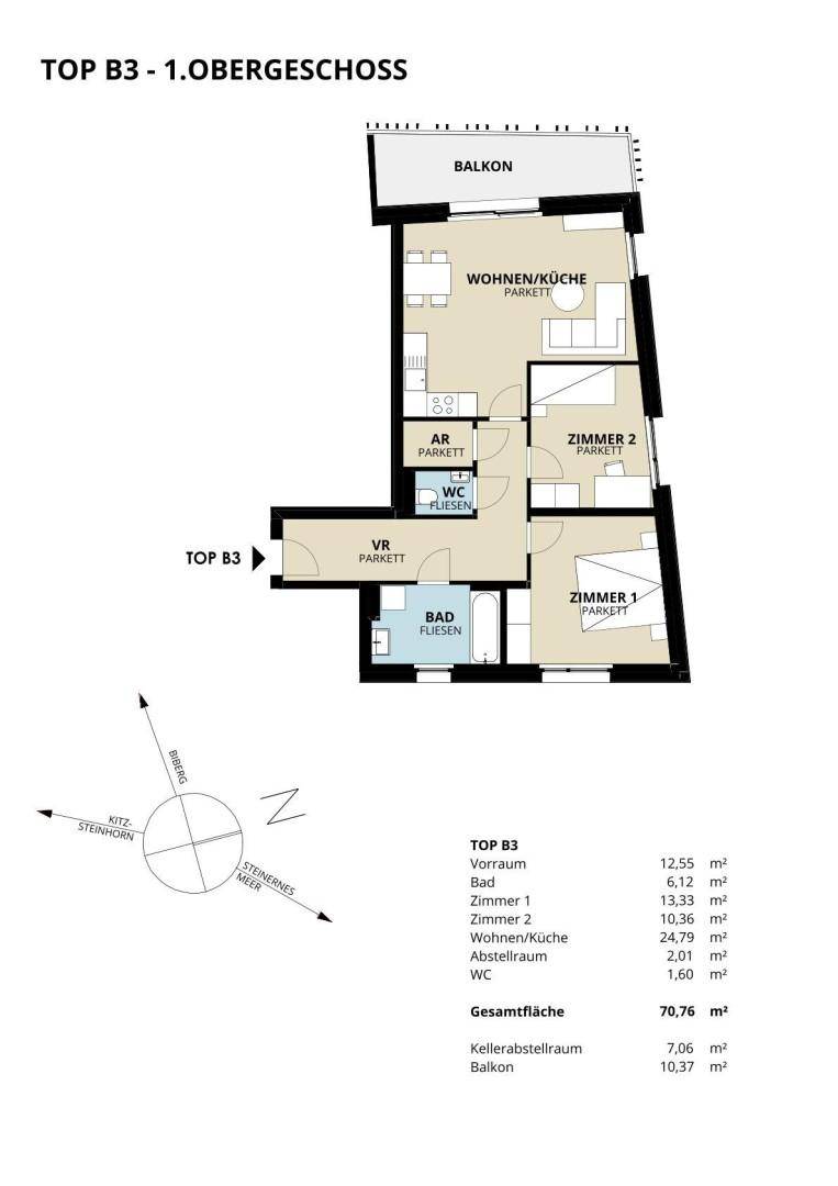 Grundriss einer Wohnung im ersten Obergeschoss mit Balkon, zwei Schlafzimmern und offenem Wohnbereich.