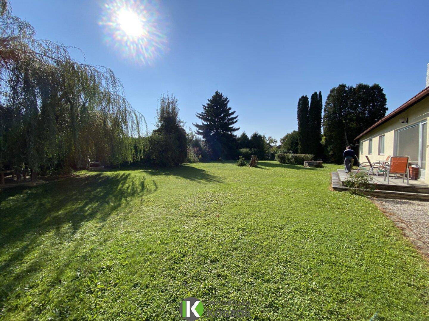 Weitläufiger Gartenbereich an einem sonnigen Tag mit Blick auf die Hausfassade und alte Bäume.