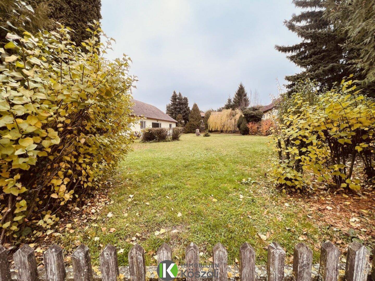 Blick in den weitläufigen Gartenbereich, umgeben von Bäumen und Sträuchern, durch einen Holzzaun.