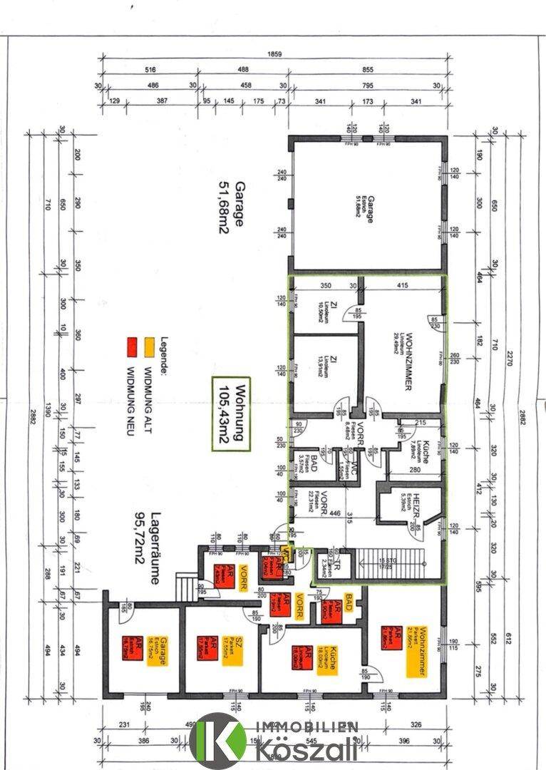 Grundriss des Anwesens zeigt Wohnbereich, Garage, Lagerräume und mehrere Bäder.
