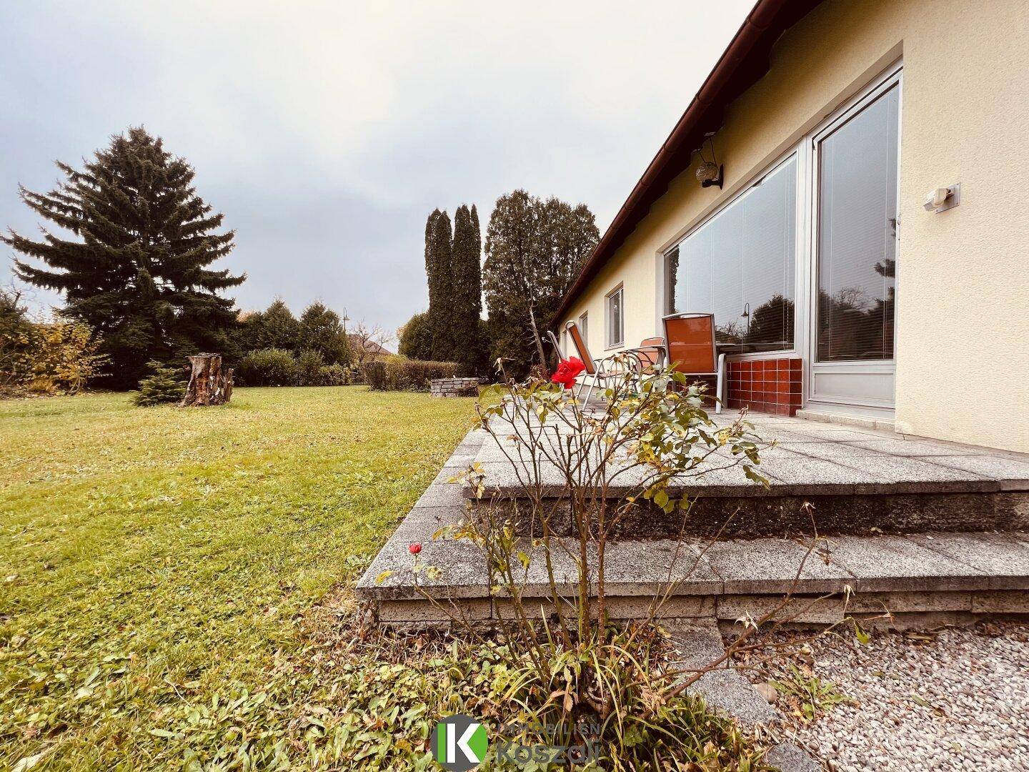 Steinterrasse mit Stufen zum Garten, umgeben von Grünflächen und Sträuchern.