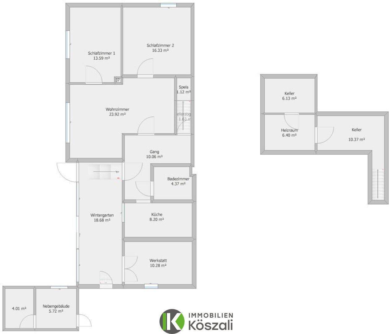 Detaillierter Grundriss mit Raummaßen für Erdgeschoss und Keller, inklusive Wintergarten.