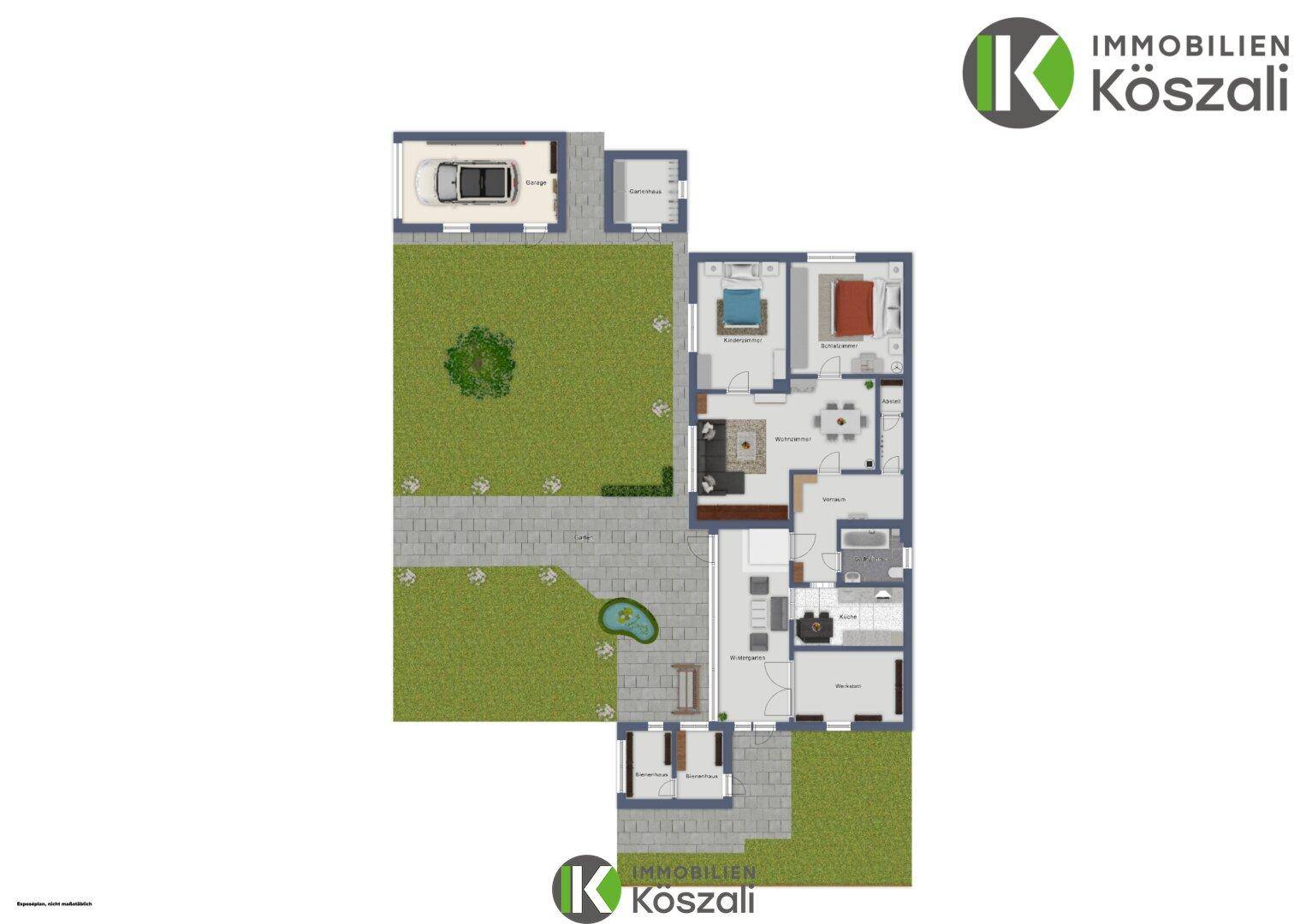 Gesamtgrundriss des Hauses mit Garten, Garage, Einfahrt und Wohnbereichen.