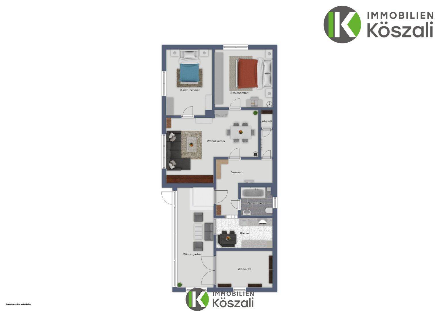 Grundriss des Erdgeschosses mit Schlafzimmern, Wohnzimmer, Küche und Wintergarten.
