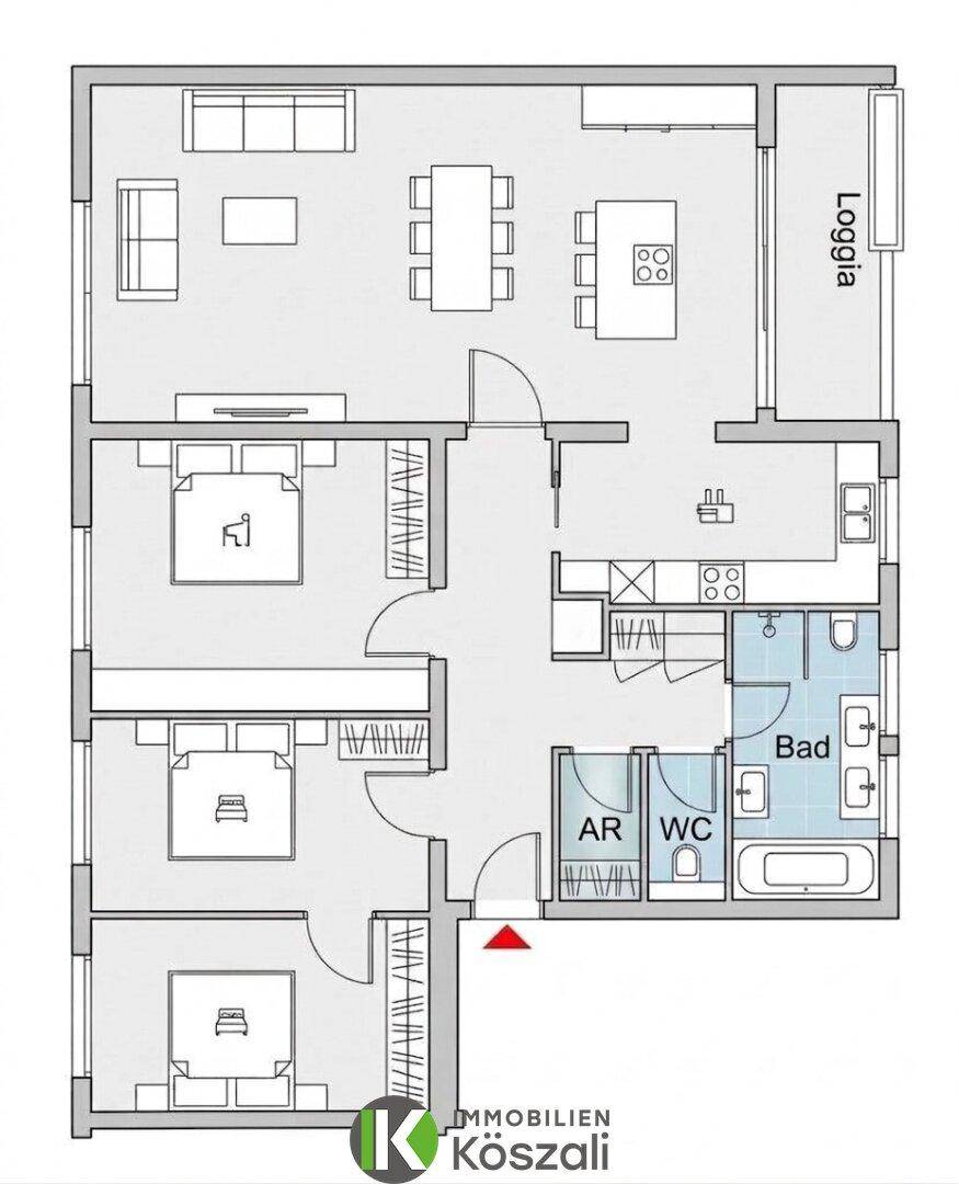 Grundriss einer Wohnung mit offenem Wohnbereich, drei Schlafzimmern, Bad, WC und Loggia.