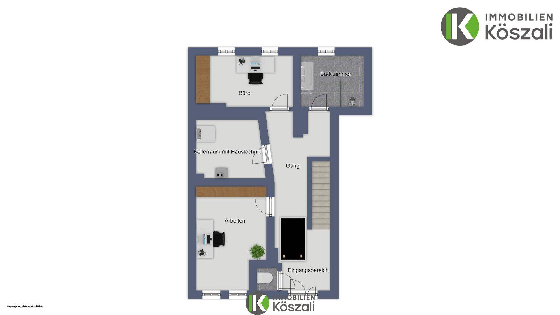 Grundriss des Erdgeschosses mit Eingangsbereich, Büro und Bad/Technikraum.