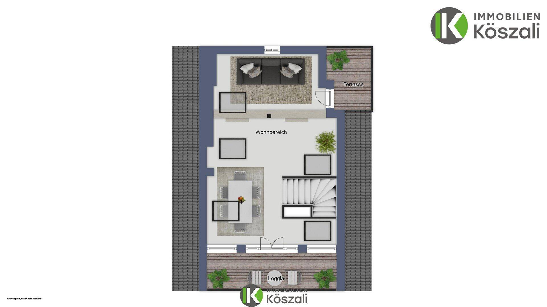 Grundriss mit großem Wohnbereich, angrenzender Terrasse und Loggia.