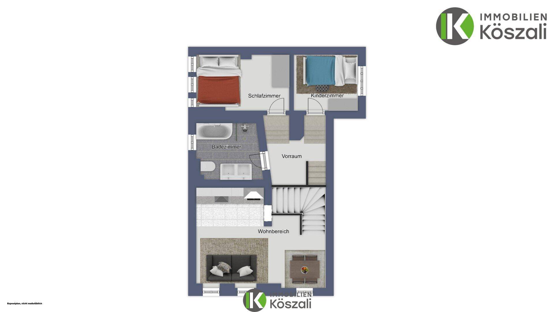 Grundriss mit Schlafzimmer, Kinderzimmer, Badezimmer und offenem Wohnbereich.