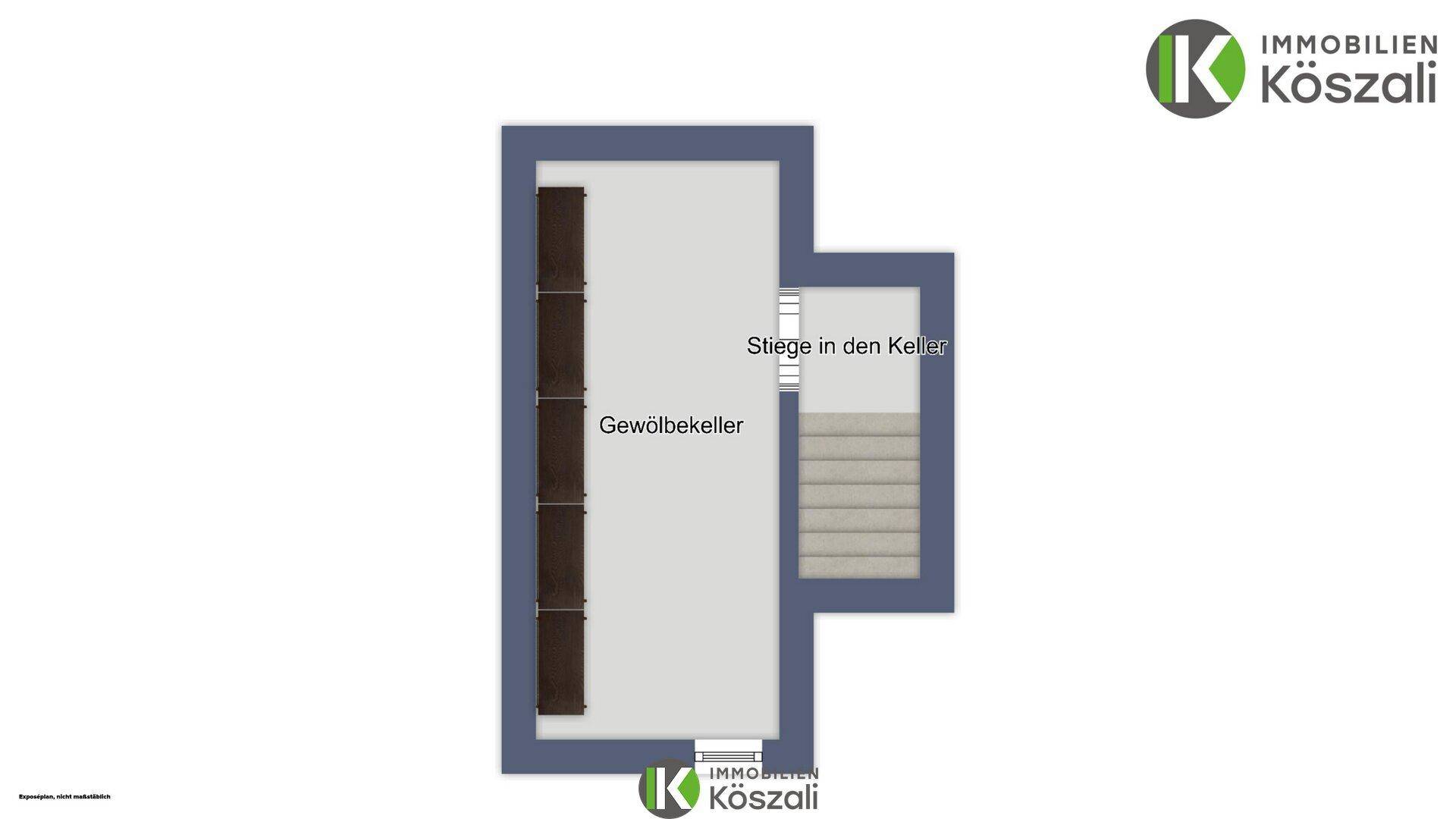 Grundriss des Gewölbekellers mit Zugang über eine Treppe.