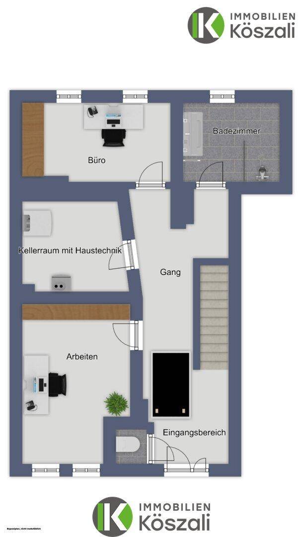 Grundriss mit Büro, Badezimmer, Kellerraum, Gang und Eingangsbereich.