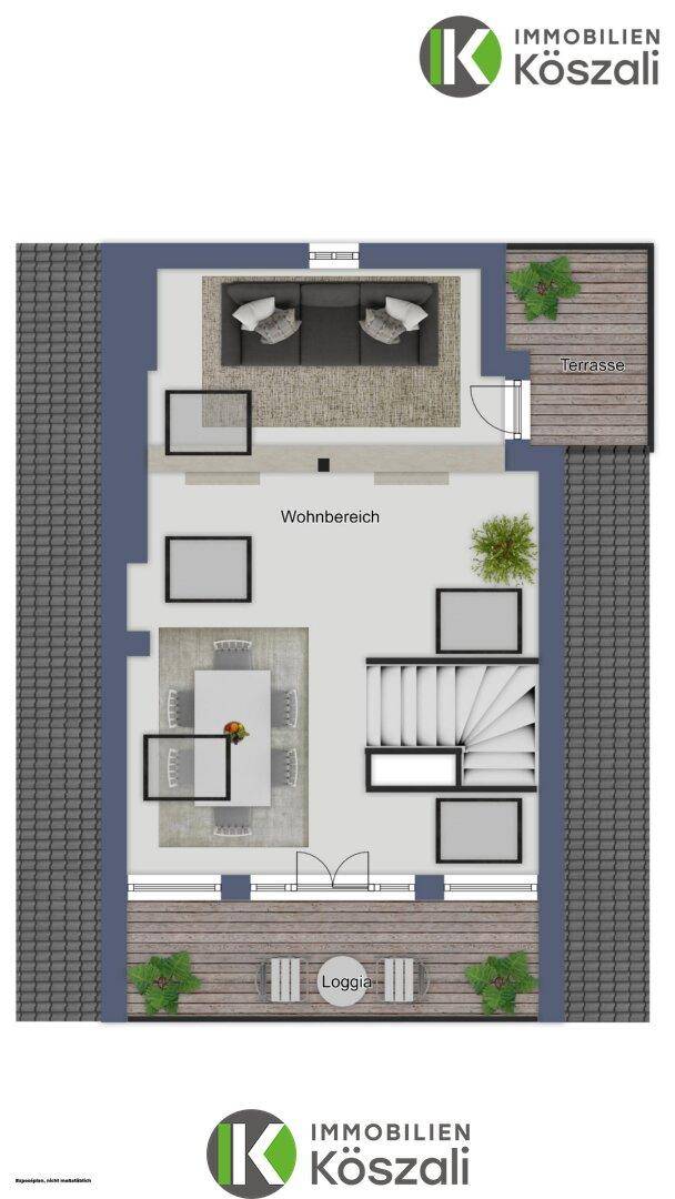 Grundriss des Erdgeschosses mit offenem Wohnbereich, Esszimmer, Loggia und Terrasse.