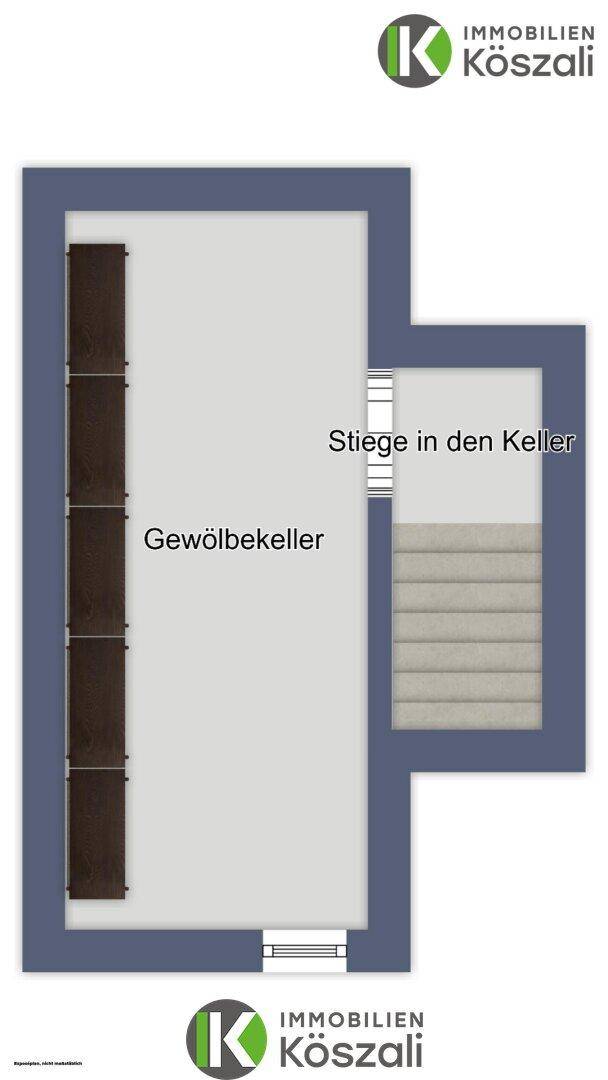 Grundriss des Gewölbekellers mit Treppe und Lagerflächen.
