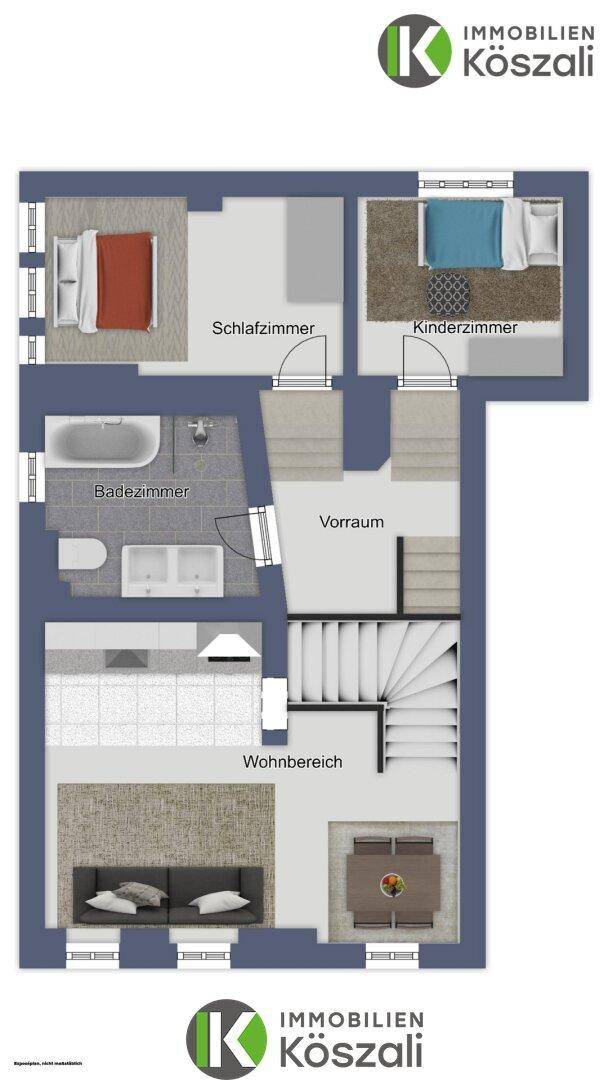 Grundrissplan zeigt Schlafzimmer, Kinderzimmer, Badezimmer und einen offenen Wohnbereich mit Balkonzugang.