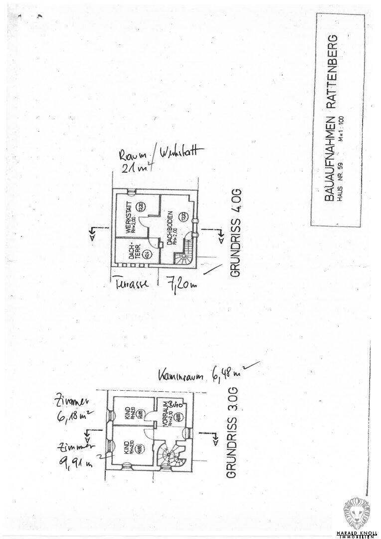 Handgezeichneter Grundriss des dritten und vierten Obergeschosses mit Dachterrasse.