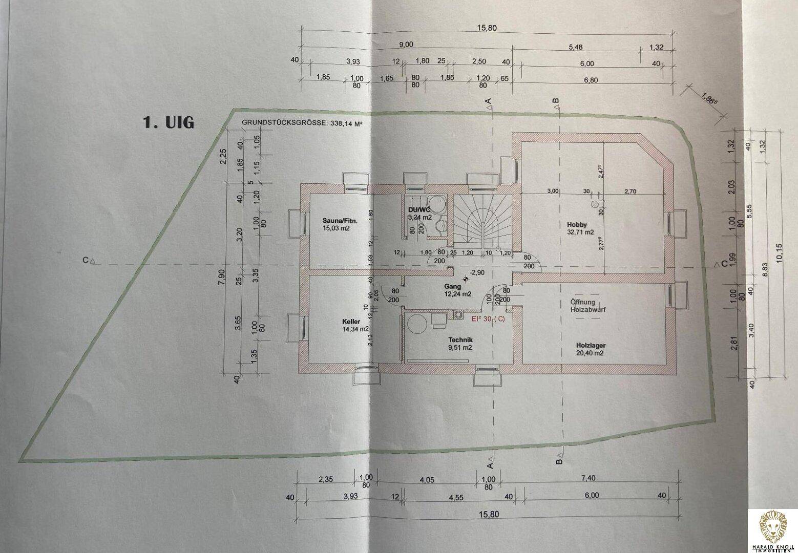 Grundriss des Untergeschosses mit Sauna, Keller und Hobbyraum.