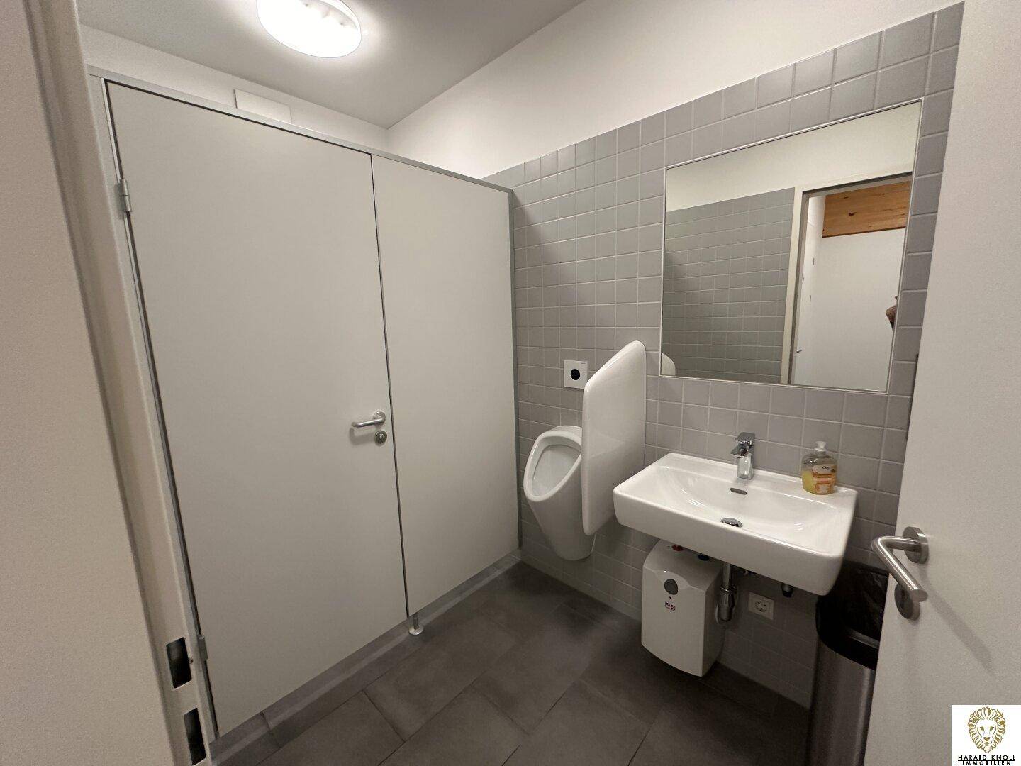 Modernes WC mit Urinal, Waschbecken und grauen Fliesen, sauber und funktional.