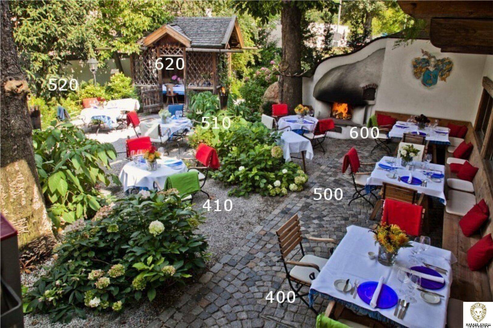 Malerischer Biergarten mit Kopfsteinpflaster, üppiger Bepflanzung und einem Außenkamin.