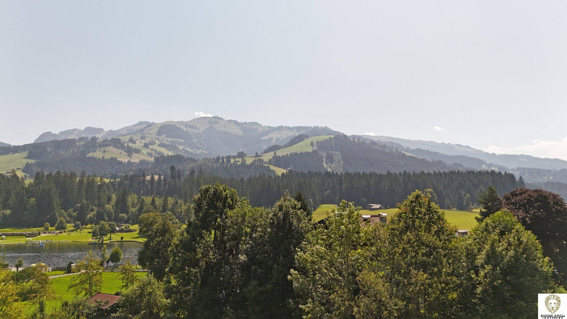 Weitläufiger Blick auf bewaldete Berge und Hügel, mit einem See, der durch die Baumwipfel schimmert.