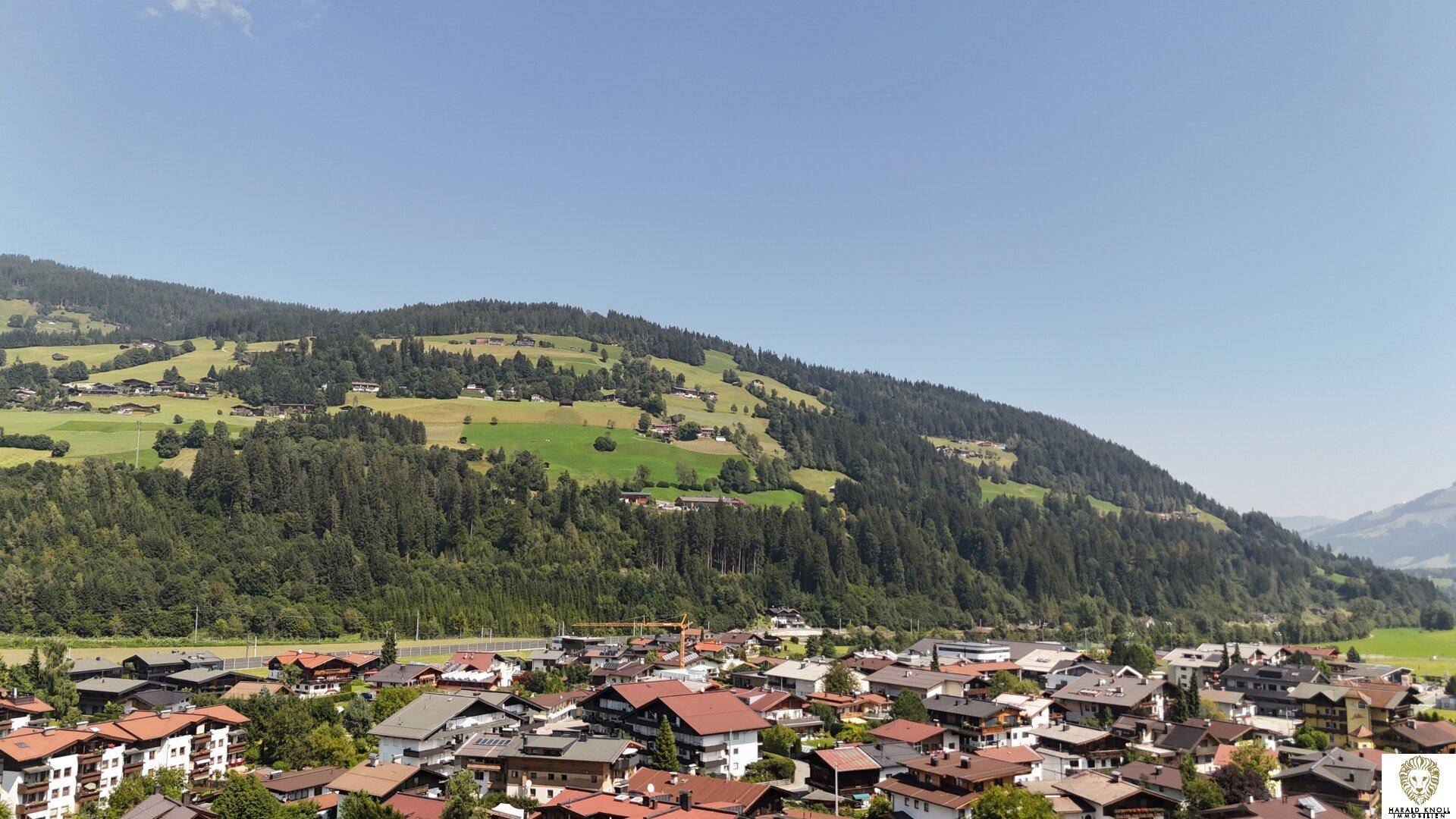 Ausblick auf eine Stadt am Fuße eines großen, bewaldeten Berges unter einem klaren blauen Himmel.