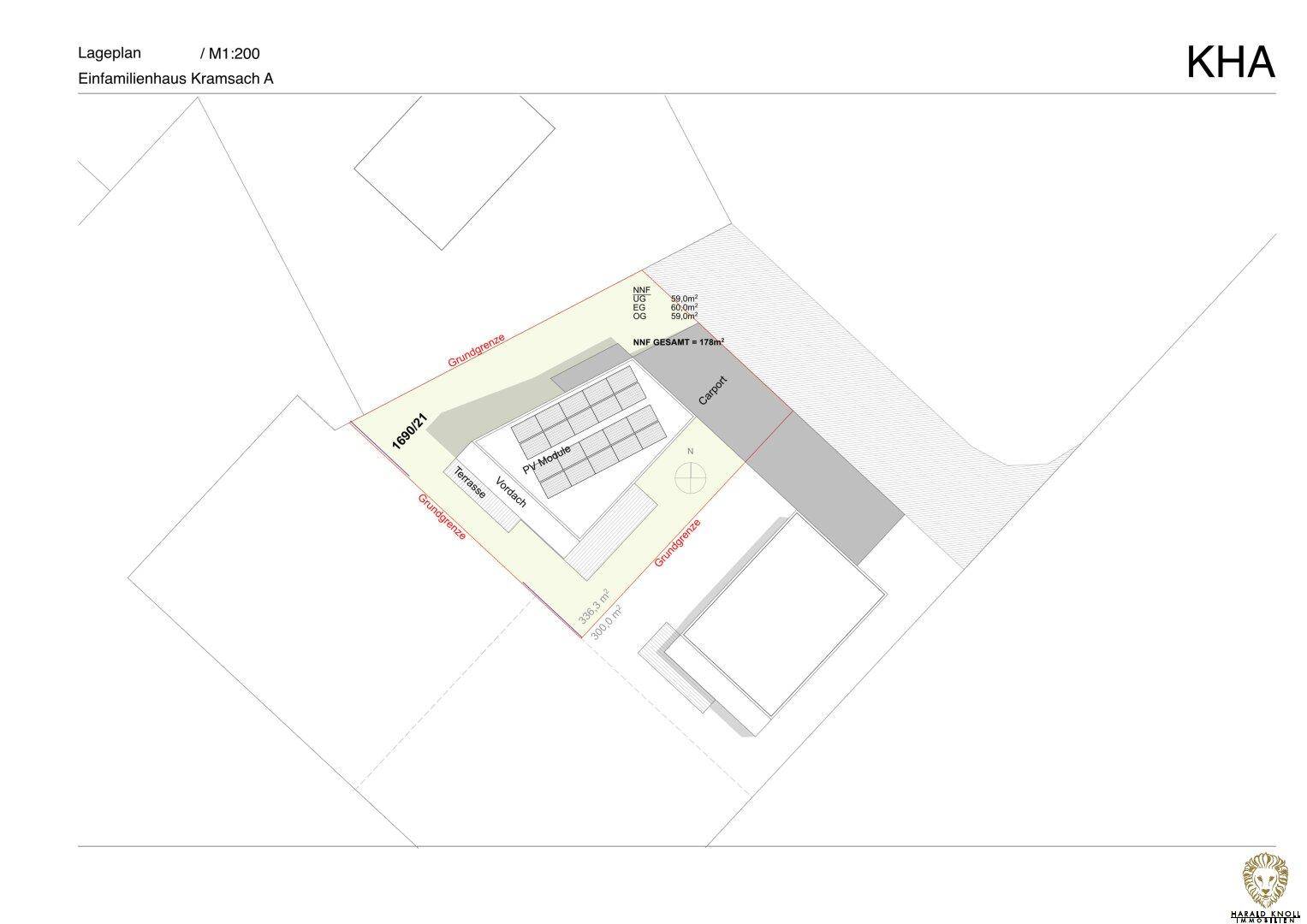 Lageplan des Einfamilienhauses mit Terrasse, Carport und Photovoltaikanlage auf dem Dach.