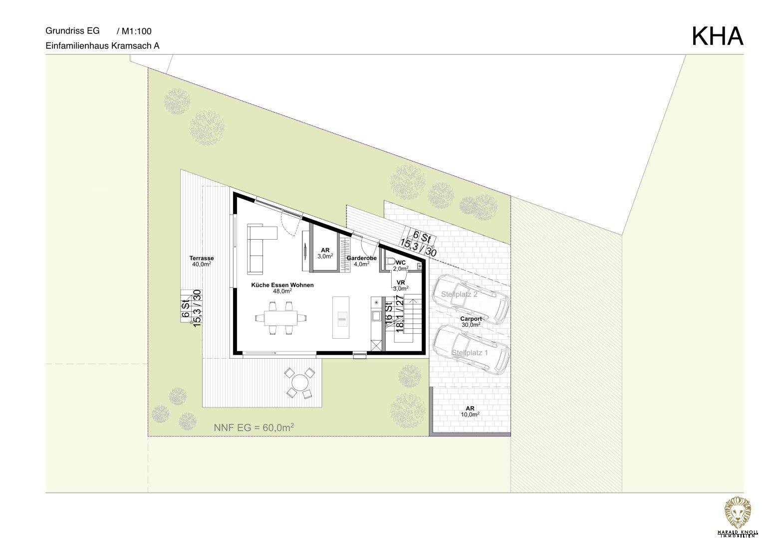 Grundriss des Erdgeschosses mit offenem Wohn-Essbereich, Küche, Terrasse und Carport.