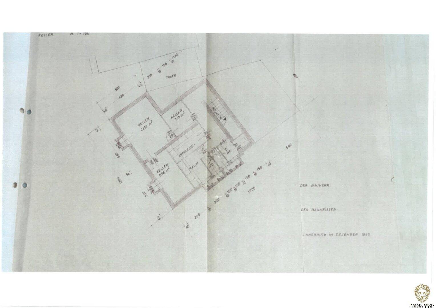 Historischer Grundrissplan, der den Kellerbereich mit verschiedenen Räumen und Abmessungen darstellt.