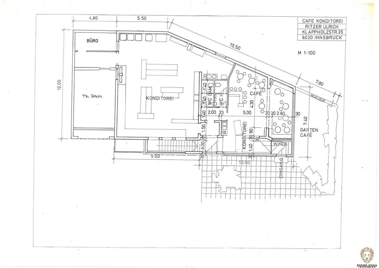 Grundriss der Konditorei mit Café-Bereich, Backstube, Büro und Sanitäranlagen.