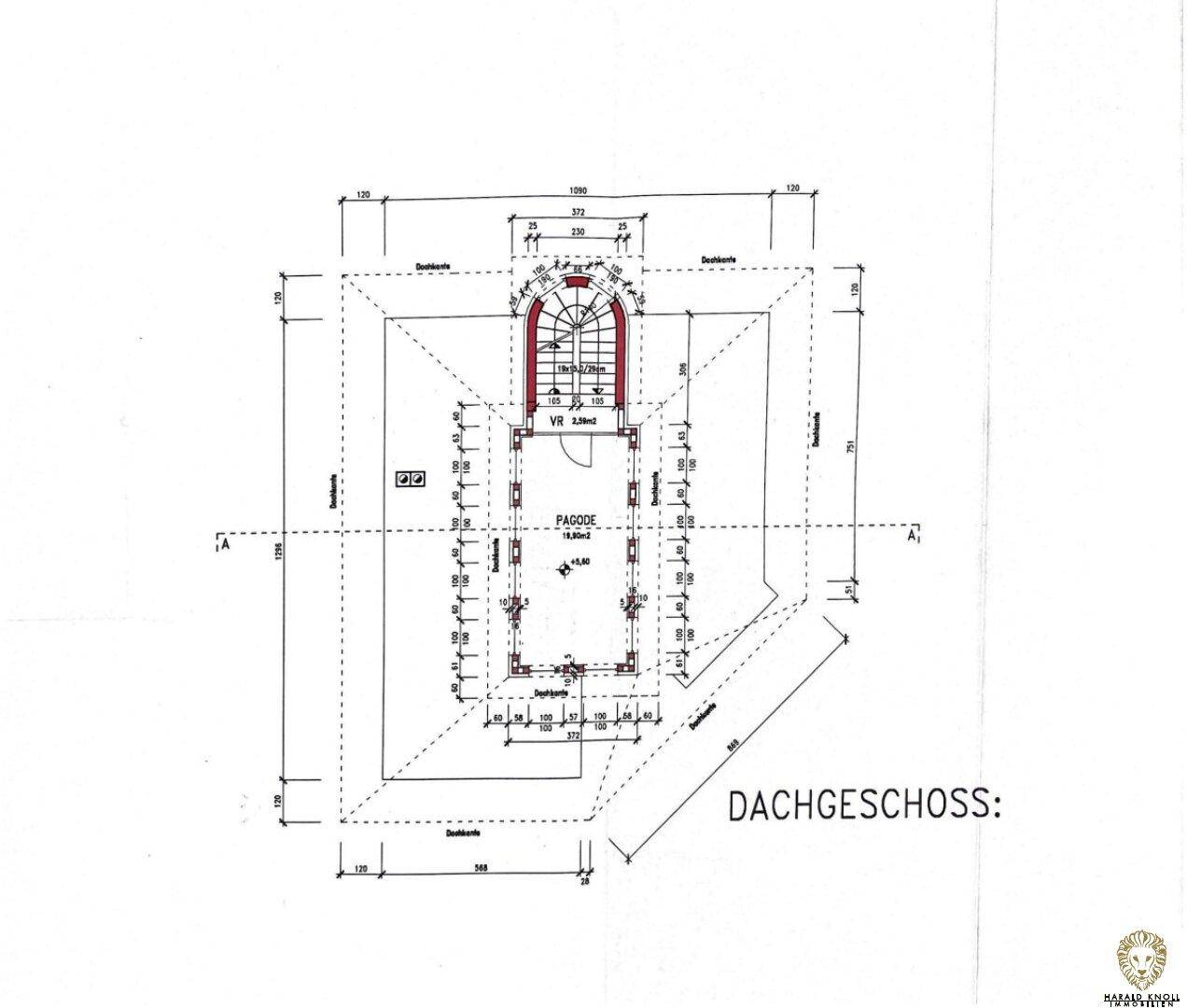 Grundriss des Dachgeschosses mit Pagode und Vorraum.