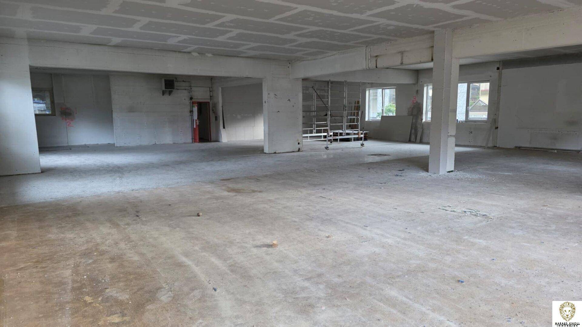 Großer, offener Innenraum im Rohbauzustand mit hohen Decken und großen Fenstern, bereit für den Ausbau.
