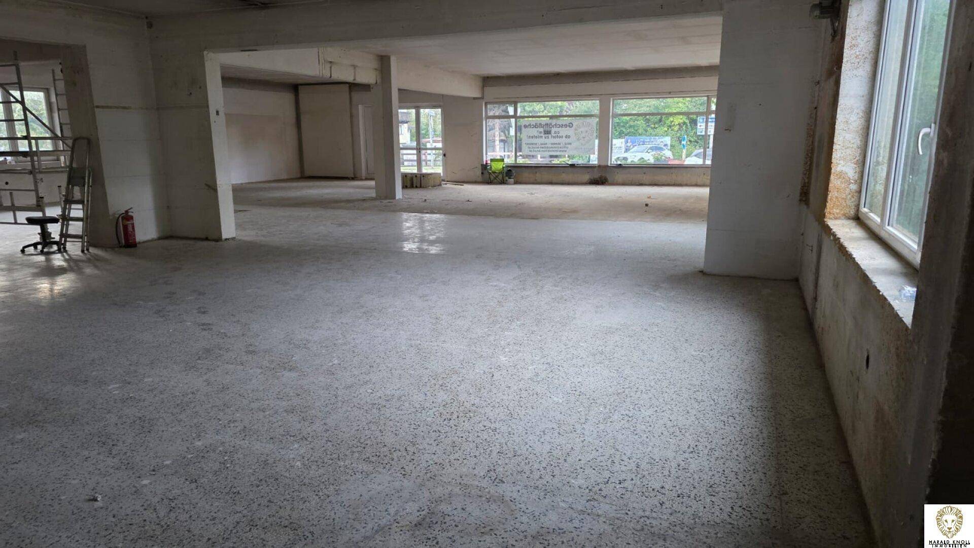 Weitläufiger, unmöblierter Raum mit Betonboden und großen Fensterfronten, ideal für gewerbliche Nutzung.