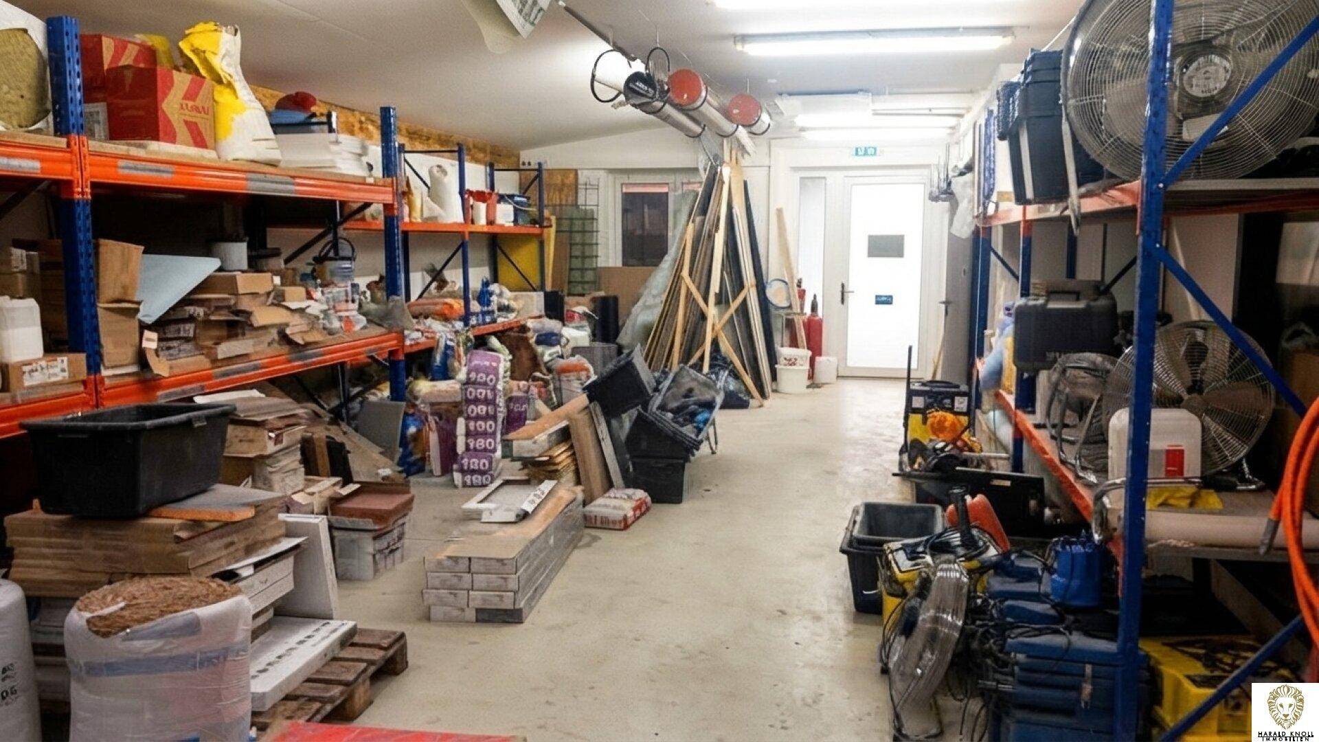 Überfüllter Lagerraum mit vielen Kartons, Baumaterialien und Werkzeugen auf Metallregalen.