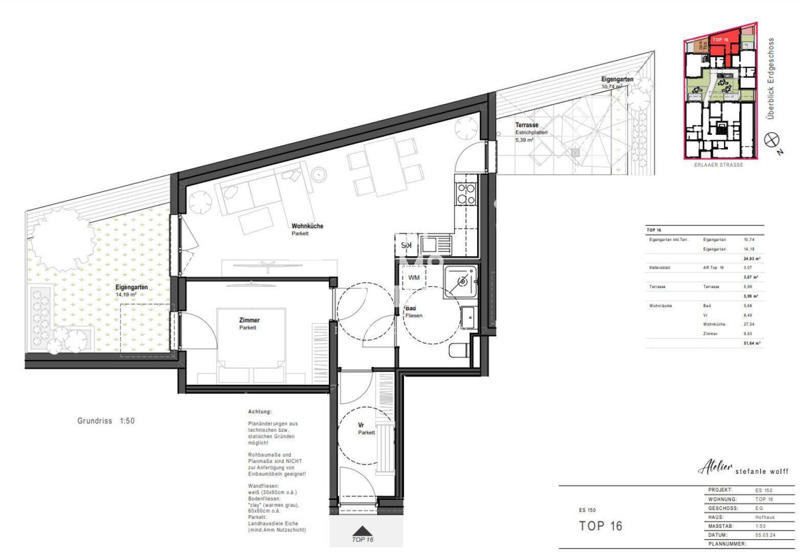 Grundriss einer Wohnung mit Wohnküche, Schlafzimmer, Terrasse und eigenem Garten.