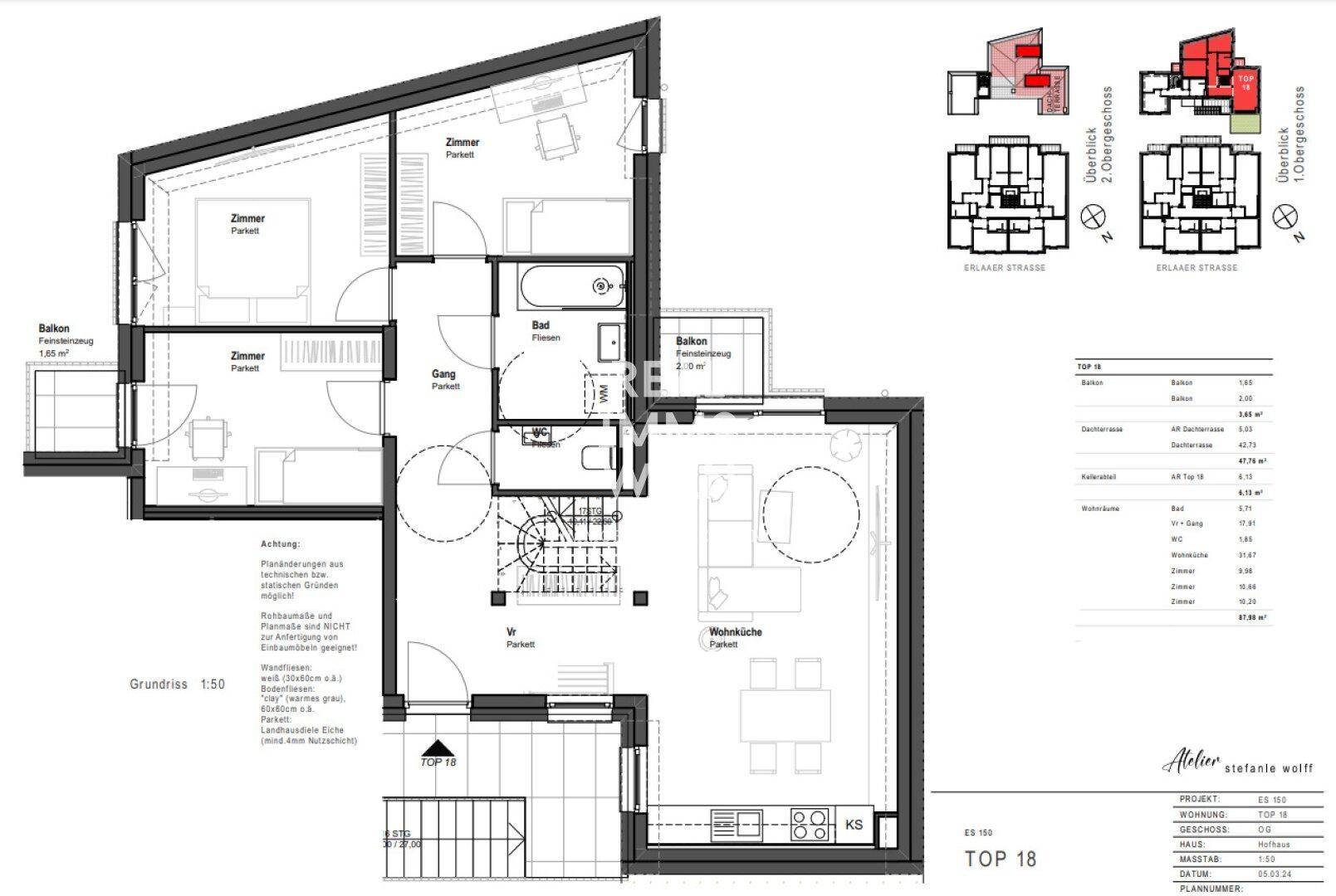 Grundriss der Wohnung Top 18 mit drei Zimmern, Balkon und offenem Wohnbereich.