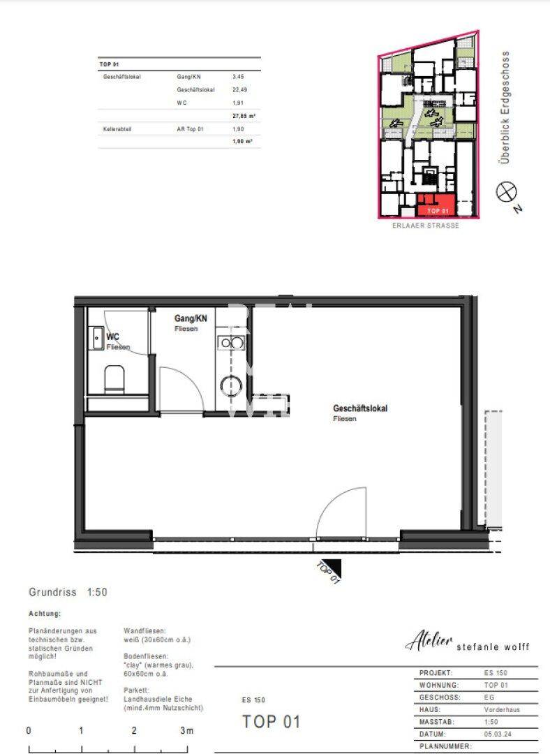 Detaillierter Grundriss des Erdgeschosses mit Geschäftsräumen und Sanitärbereich.