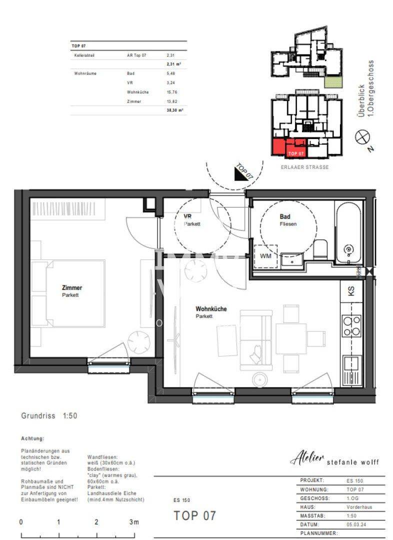 Grundriss der Wohnung TOP 07 mit Wohnküche, Schlafzimmer und Bad.
