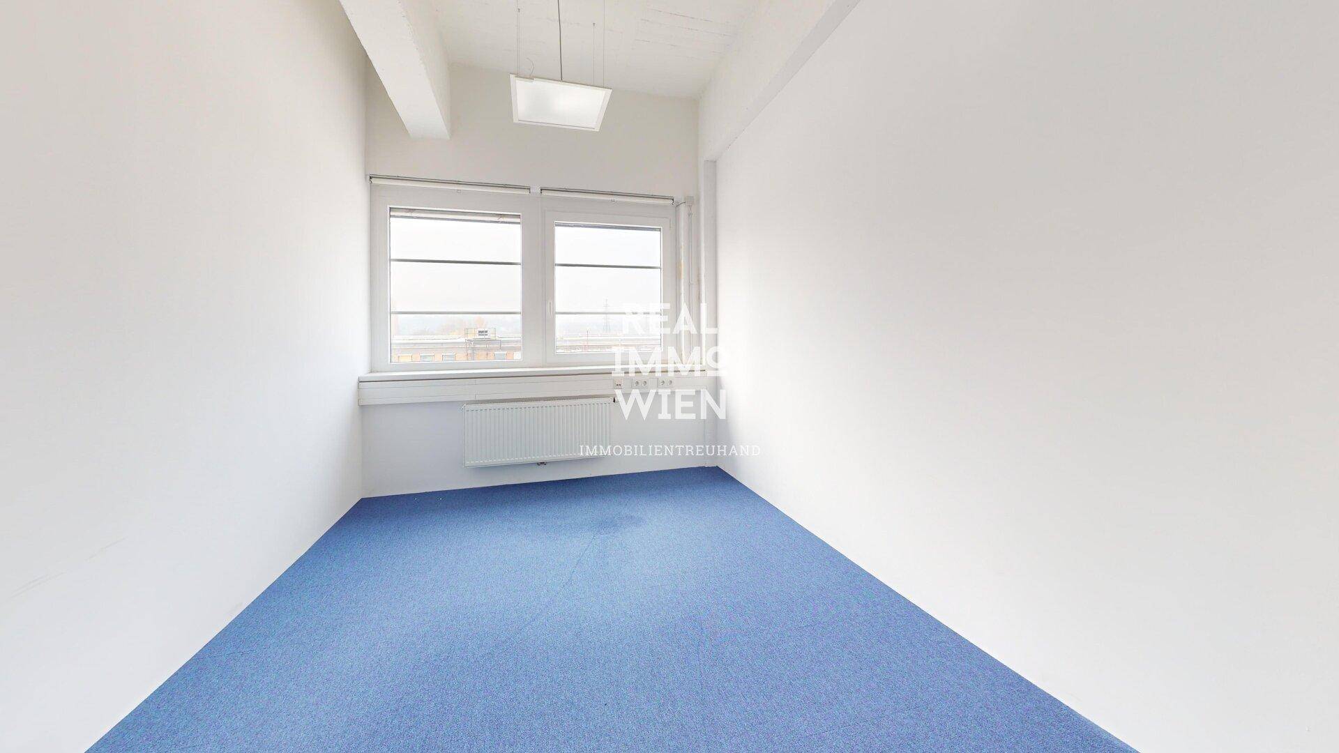 Kleiner, heller Büroraum mit blauer Teppichboden, einem Fenster und Heizkörper, ideal für Einzelbüros.