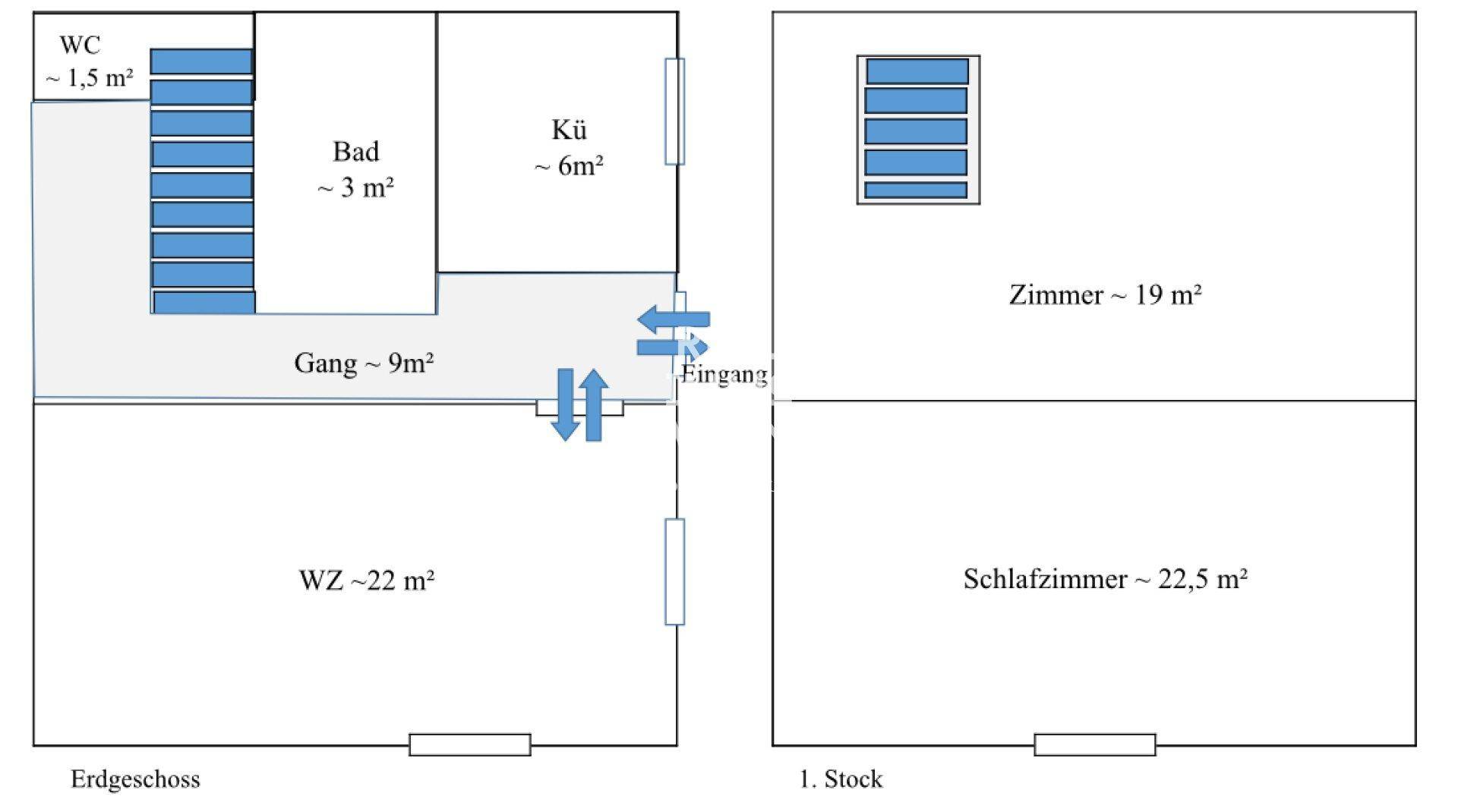 Grundriss des Erdgeschosses und ersten Stocks mit Raumaufteilung.