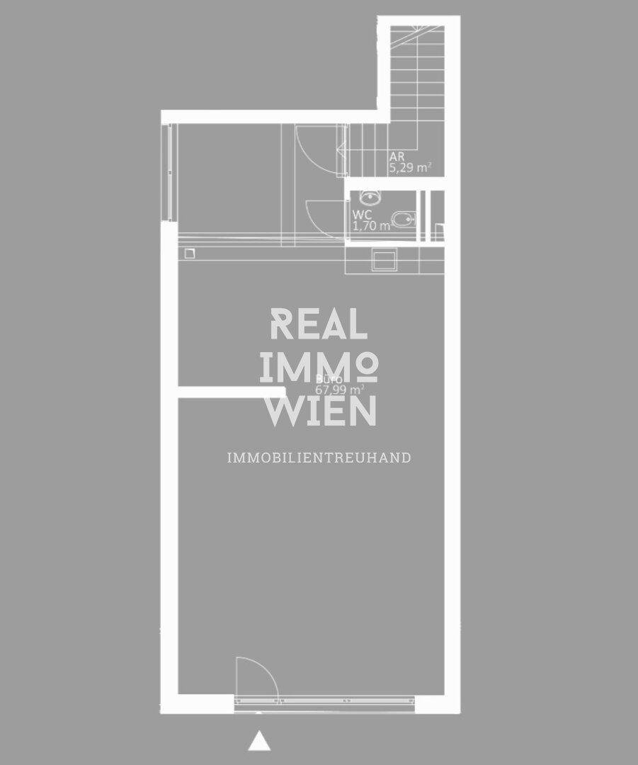 Detaillierter Grundriss mit Raumaufteilung, inklusive WC und Treppenhaus, auf grauem Hintergrund dargestellt.