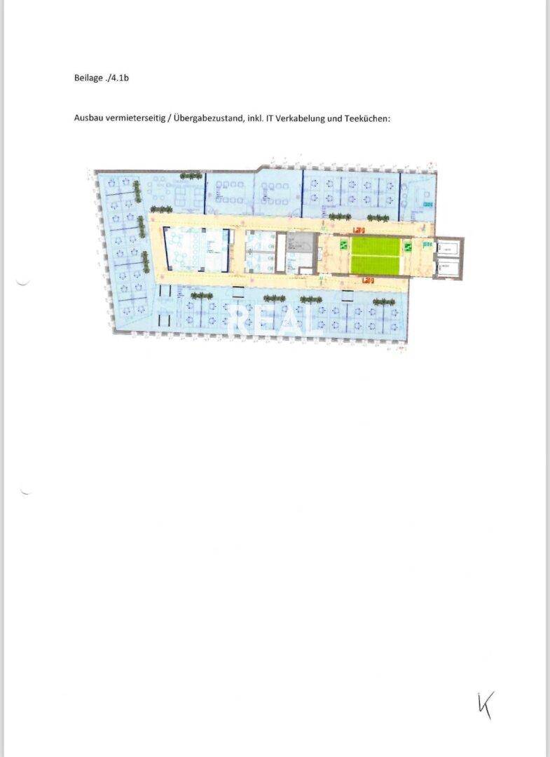 Detaillierter Grundrissplan mit Büroeinheiten, Teeküchen und IT-Verkabelung.