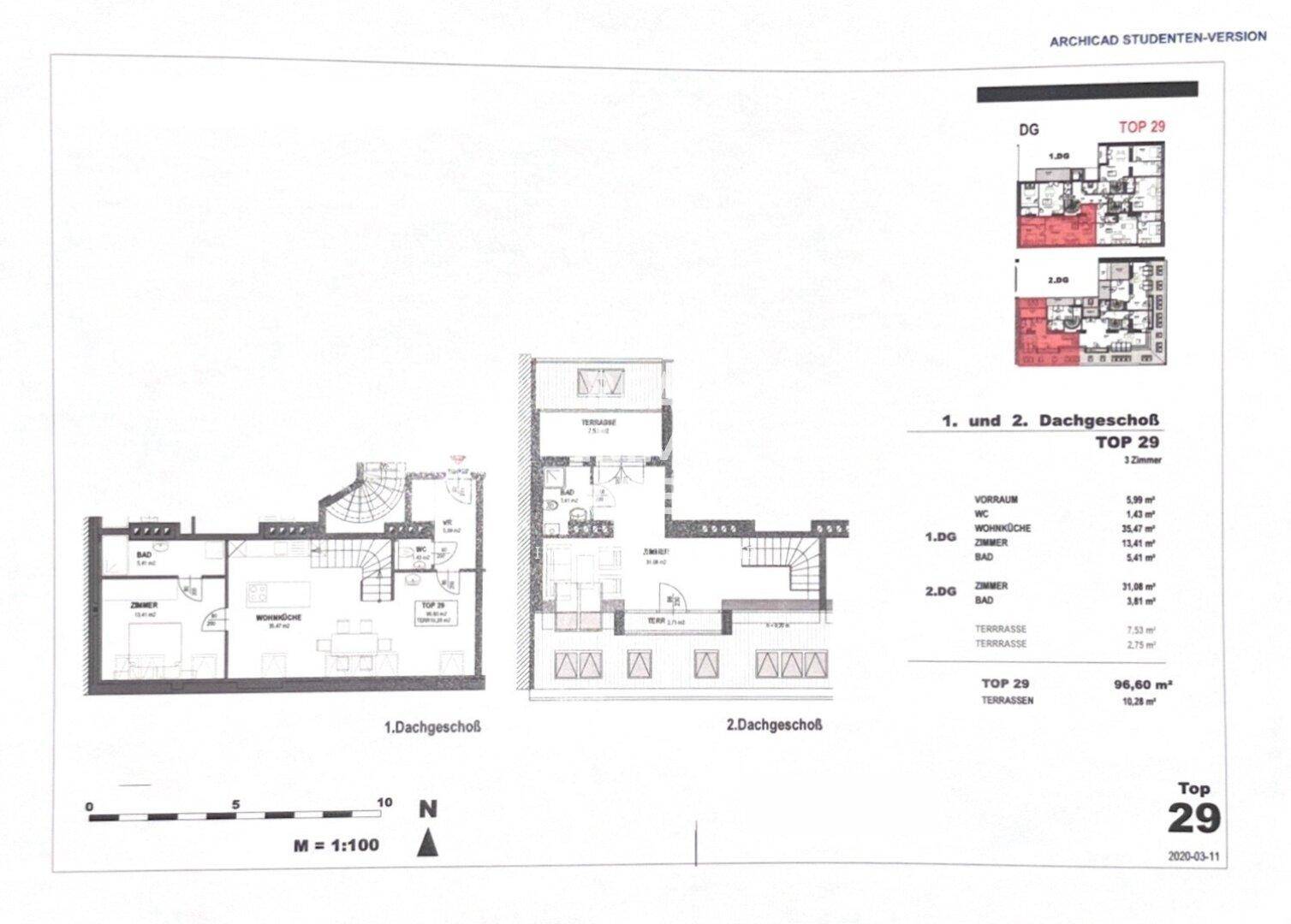 Detaillierter Grundriss der Dachgeschosswohnung mit zwei Ebenen, Terrasse und Zimmeraufteilung, inklusive Maßen.