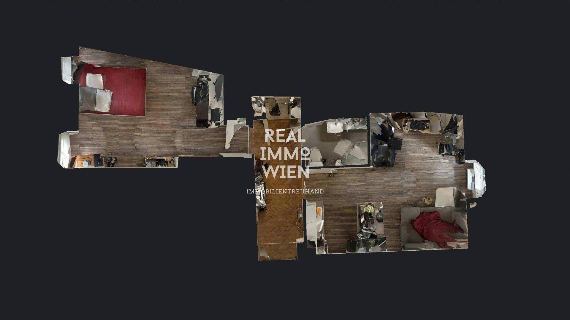 3D-Grundrissansicht der Wohnung mit Möblierungsbeispiel und Raumaufteilung.