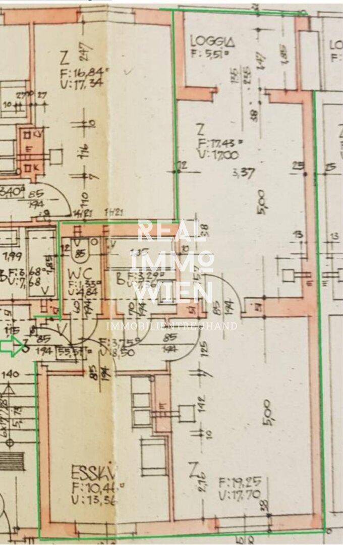 Detaillierter Grundrissplan mit Zimmern, WC und Essküche.