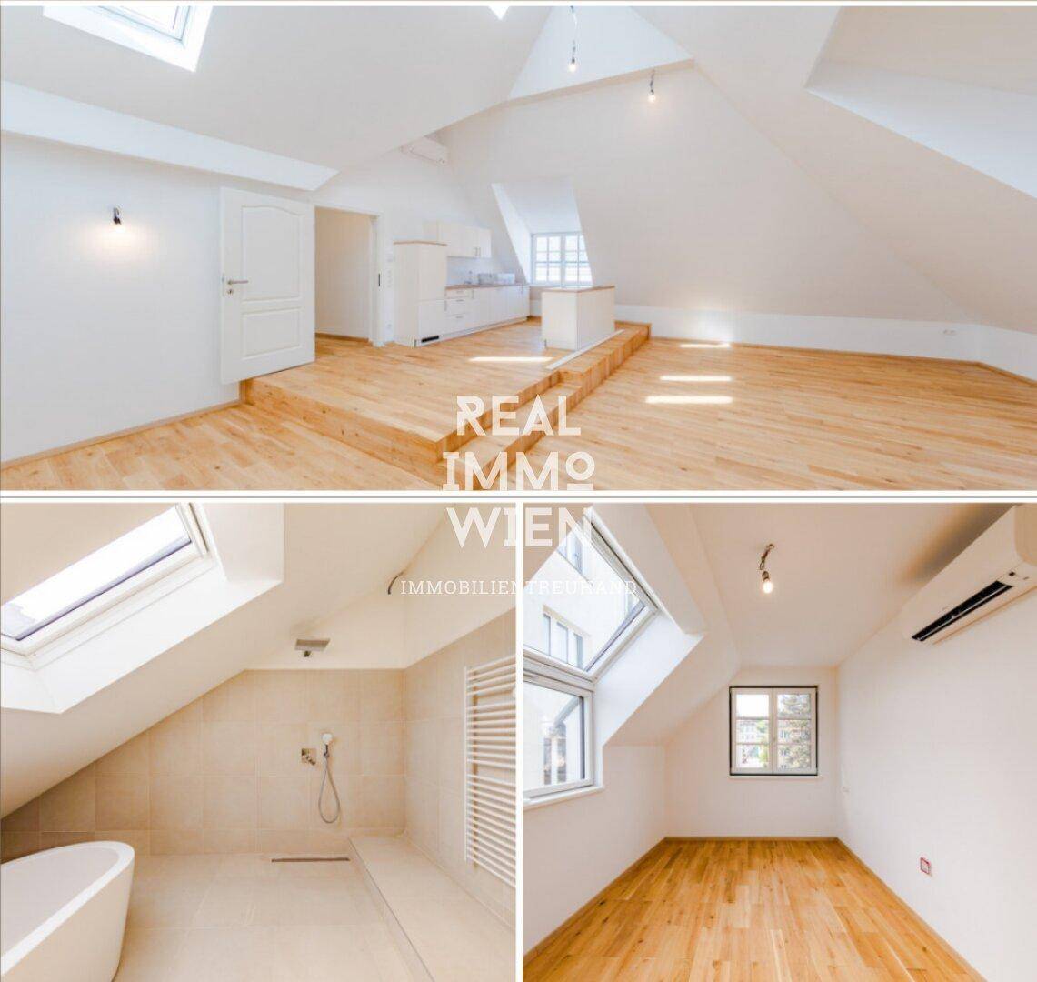 Weitere Innenansichten einer modernen Dachgeschosswohnung mit Holzböden, Bädern und schrägen Decken.