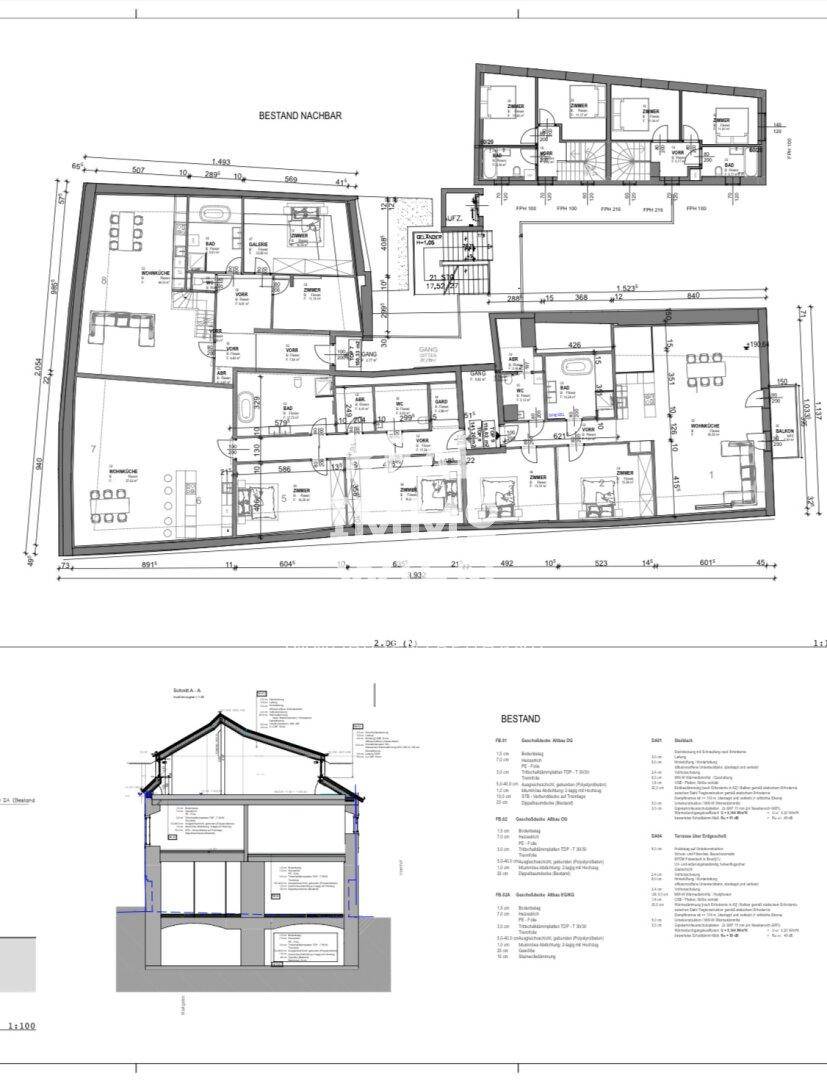 Grundriss und Schnittzeichnung des Gebäudes mit detaillierter Raumaufteilung und Balkonen.