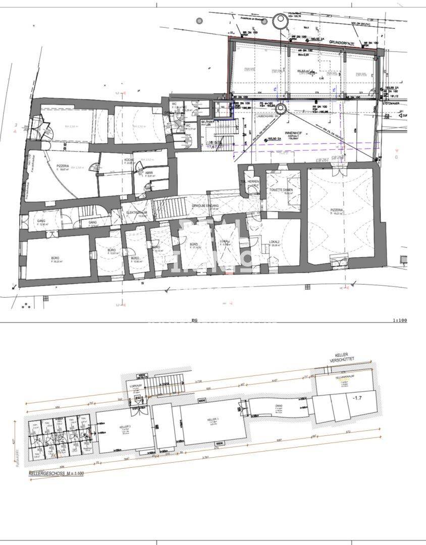Grundriss der unteren Etagen und des Kellers mit Lagerbereichen und Treppenhaus.