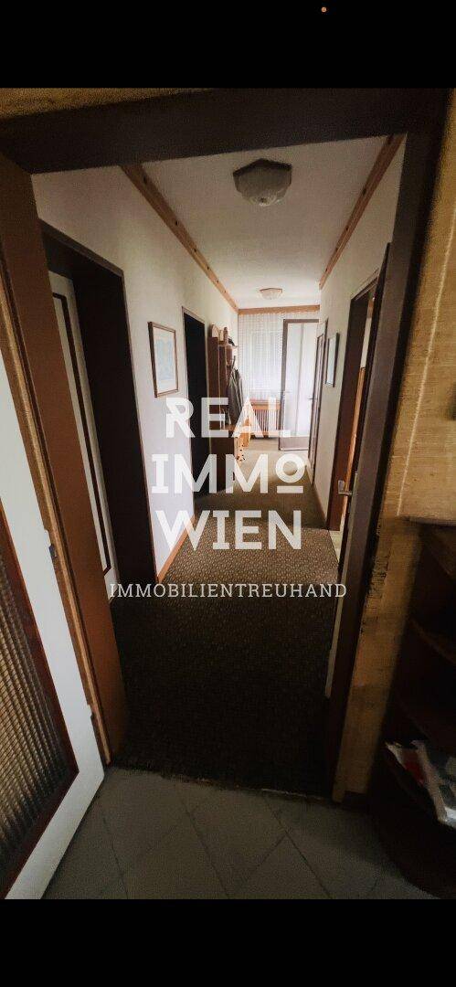 Langer Flur mit Teppichboden und mehreren Türen, der die verschiedenen Räume des Hauses verbindet.