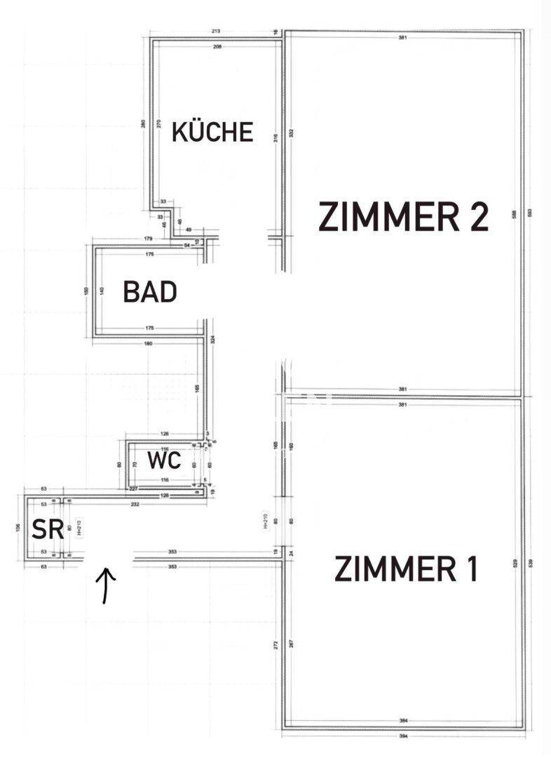 Grundriss zeigt die Aufteilung der Räume mit Küche, Bad, WC und zwei Zimmern.