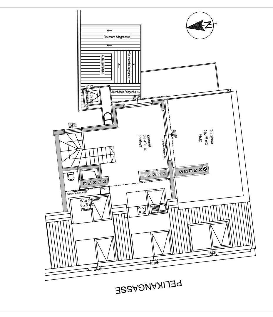 Grundriss mit einem Zimmer, Waschraum und einer großen Holzterrasse zur Pelikangasse.