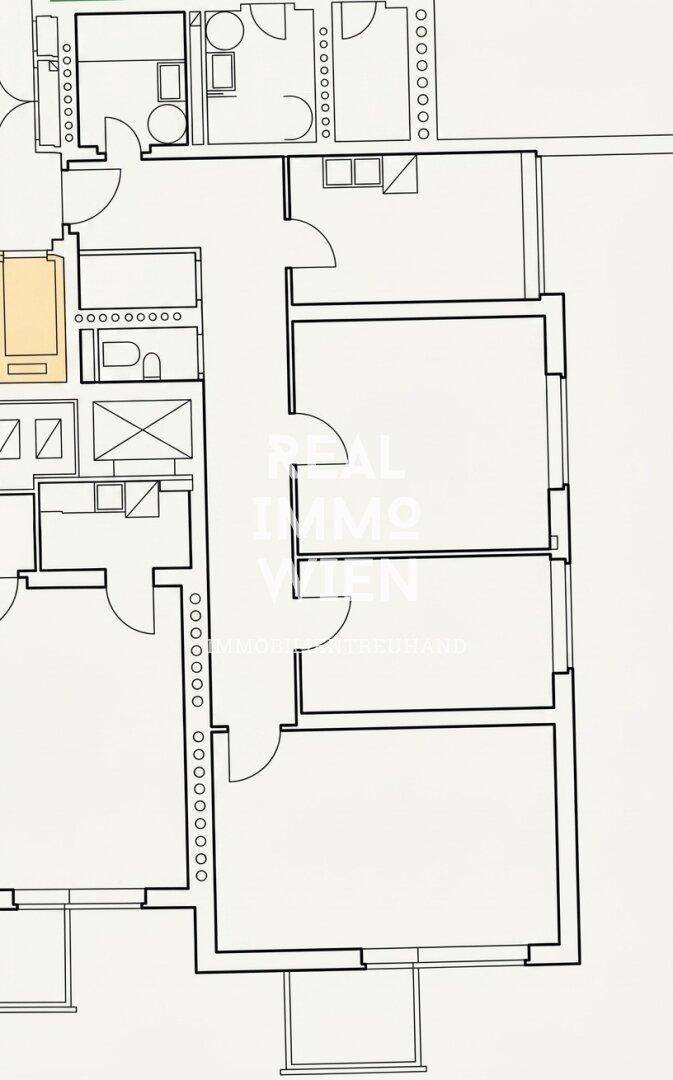 Grundriss einer Wohnung mit mehreren Zimmern, Bad und separatem WC.