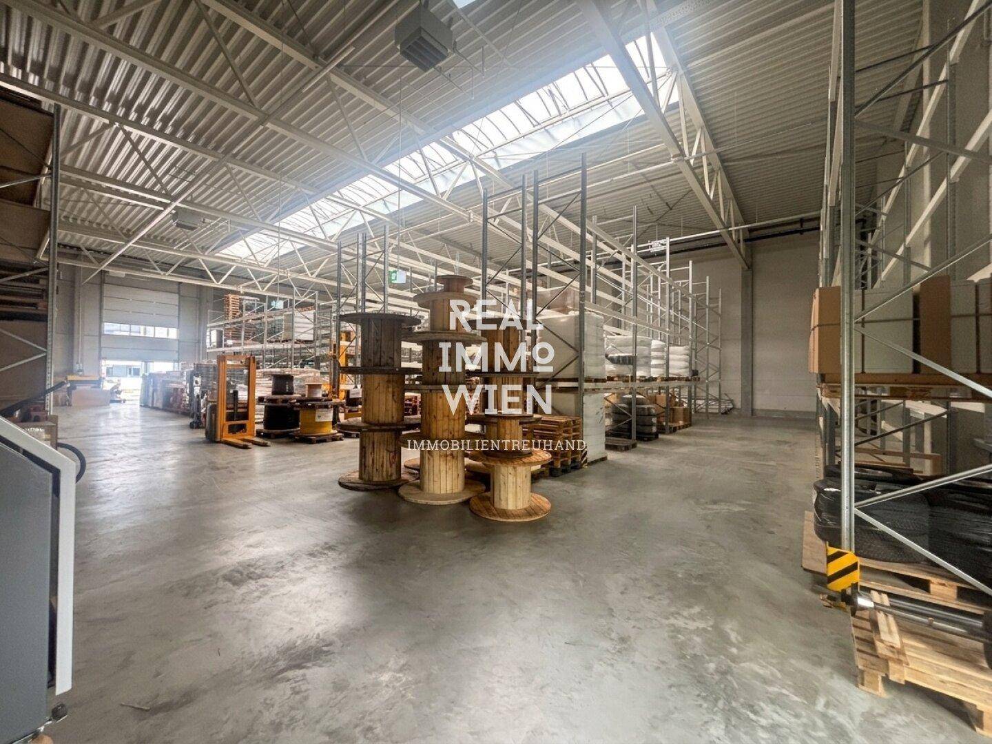Geräumige Lagerhalle mit hohen Decken, Oberlichtern und leeren Regalsystemen.